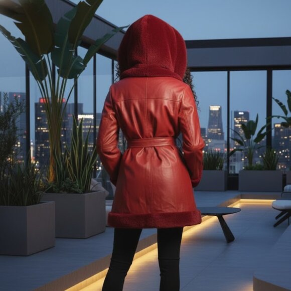 Burgundy Deep Red Faux Leather Fur Trimmed Coat Jacket A Line Peplum Style L 12 - Picture 4 of 6